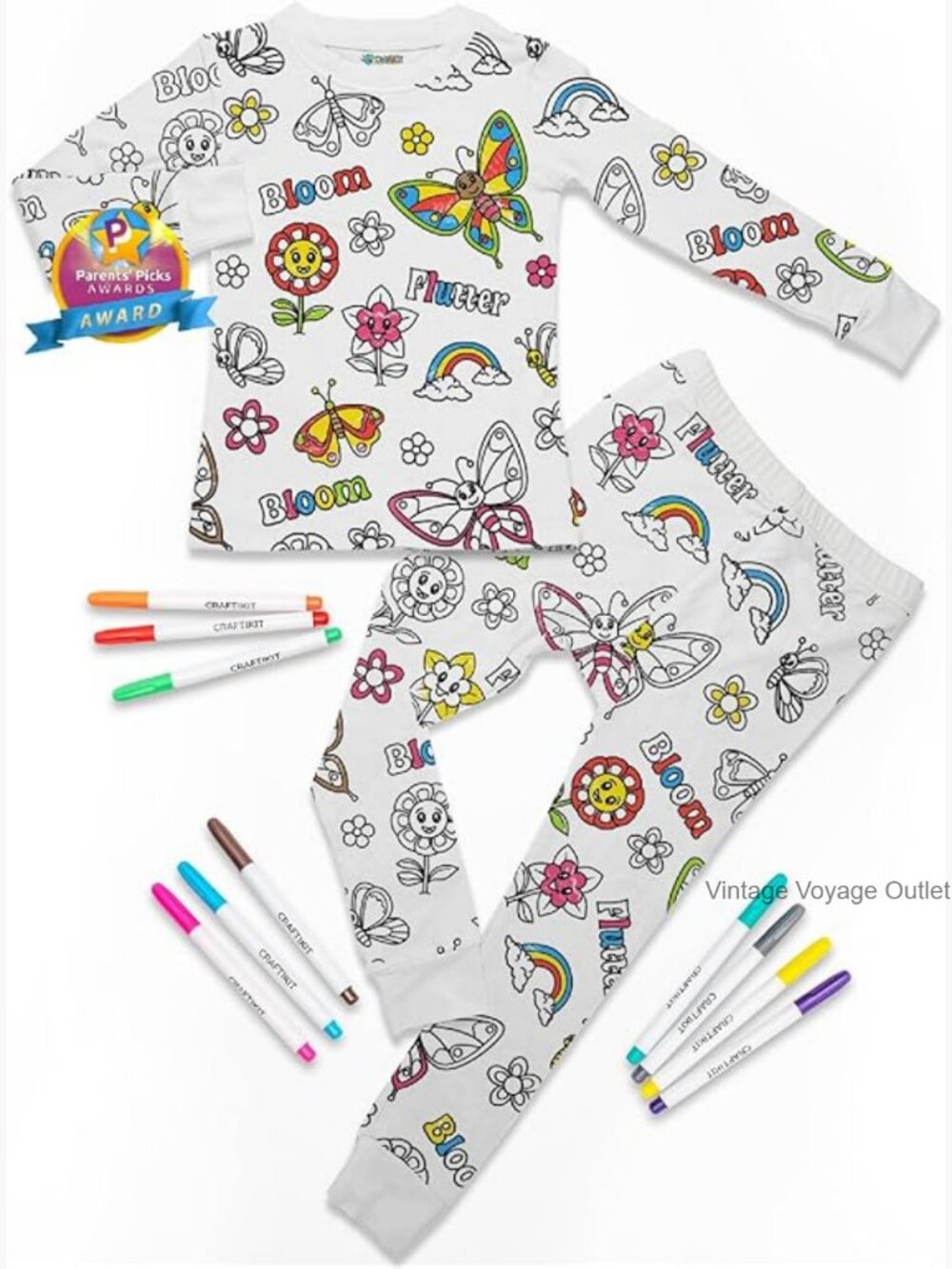 Kids Coloring Pajamas Set with Markers Soft Bamboo Viscose 2-Piece Unisex PJs